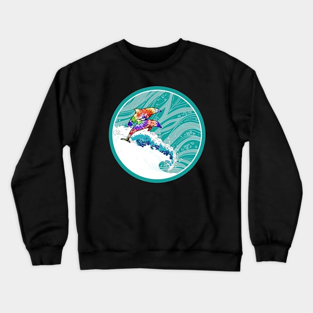 Tie Dye Dolphins Riding the Ocean Waves Crewneck Sweatshirt by Joaddo